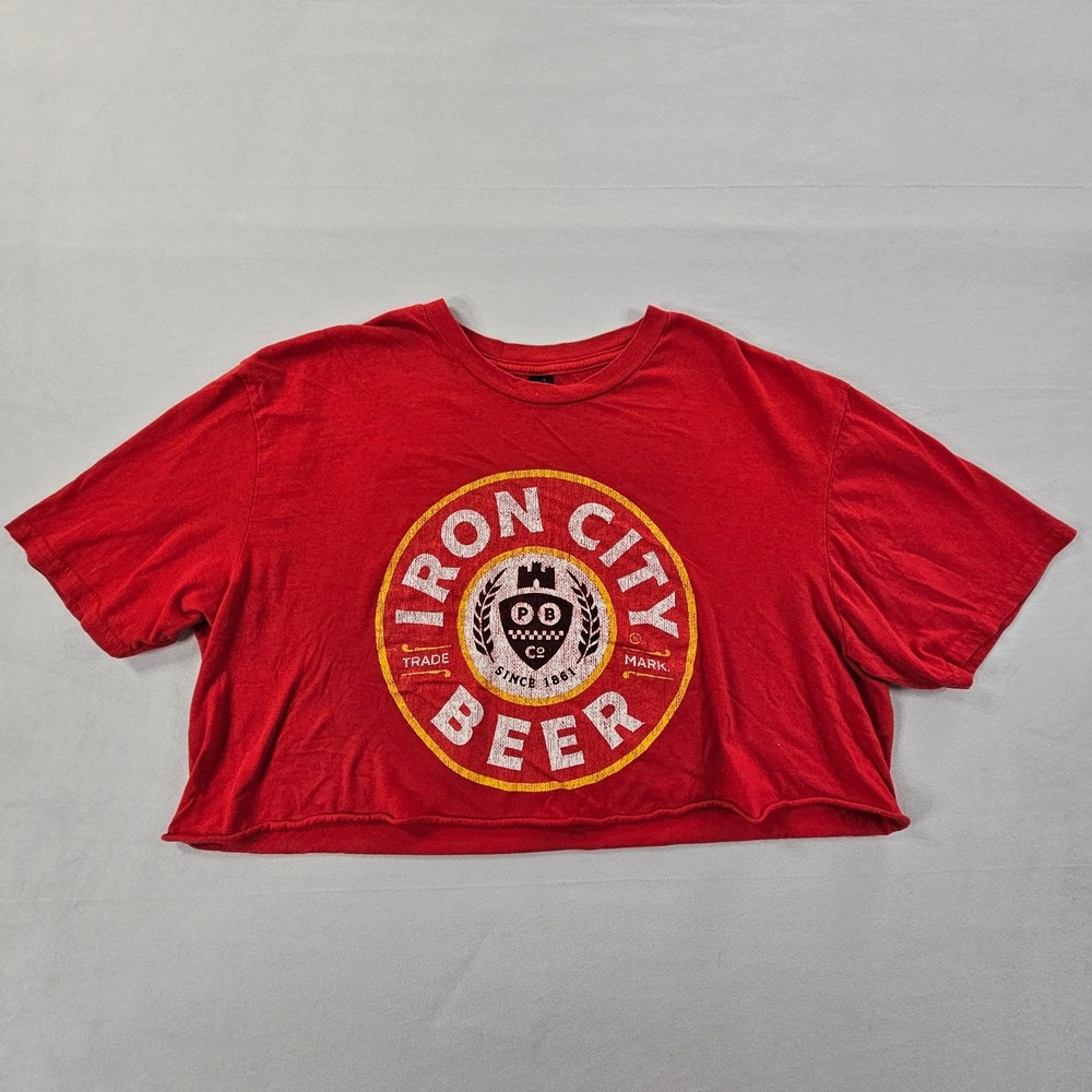 Iron City Beer Womens XL Red Crop Top Graphic T Shirt Raw Hem Pittsburgh